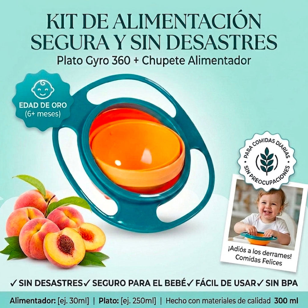 PLATO GYRO BOWL 360° ANTI-DERRAME + CHUPETE ALIMENTADOR DE FRUTA | ENVÍO GRATIS 🇬🇹