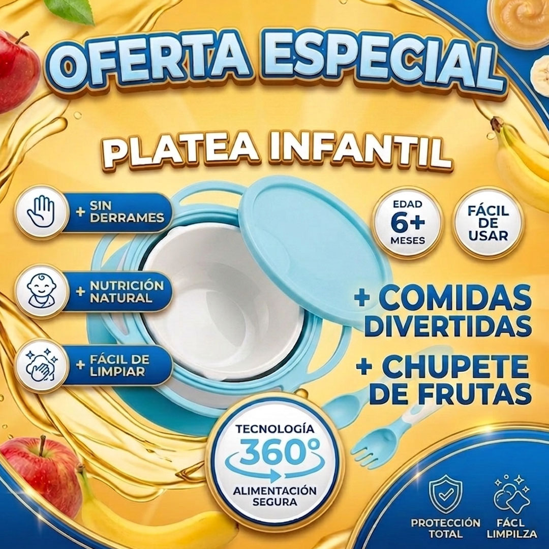 PLATO GYRO BOWL 360° ANTI-DERRAME + CHUPETE ALIMENTADOR DE FRUTA | ENVÍO GRATIS 🇬🇹